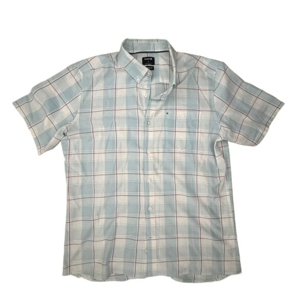 Hurley Men's White and Blue Plaid Button-Down Short Sleeve Shirt - Picture 1 of 4